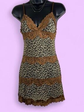 Rampage Intimates Y2K Leopard Print Lace Trim Slip Dress Size S